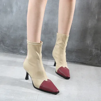 

2020 spring new high-heeled boots women's fashion simple color matching retro style plus velvet warm casual high-heeled boots