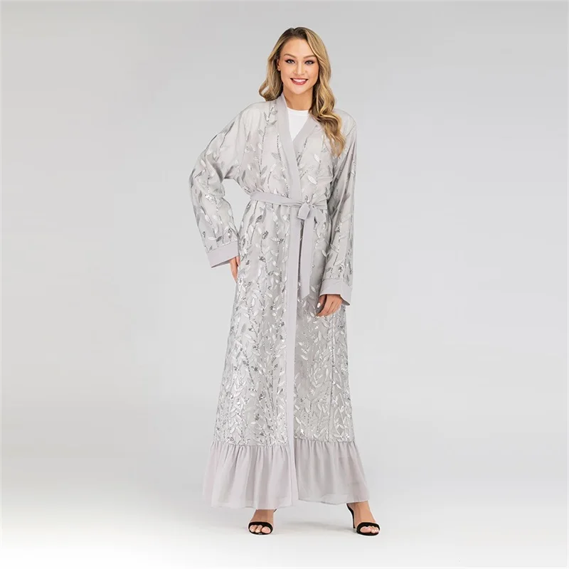 Gray abaya Siskakia мусульманский открытый абайя Мода блёстки Листья Вышивка Ближний Восток халаты кружева сетки лоскутное арабское носит синий серый - Цвет: Gray abaya