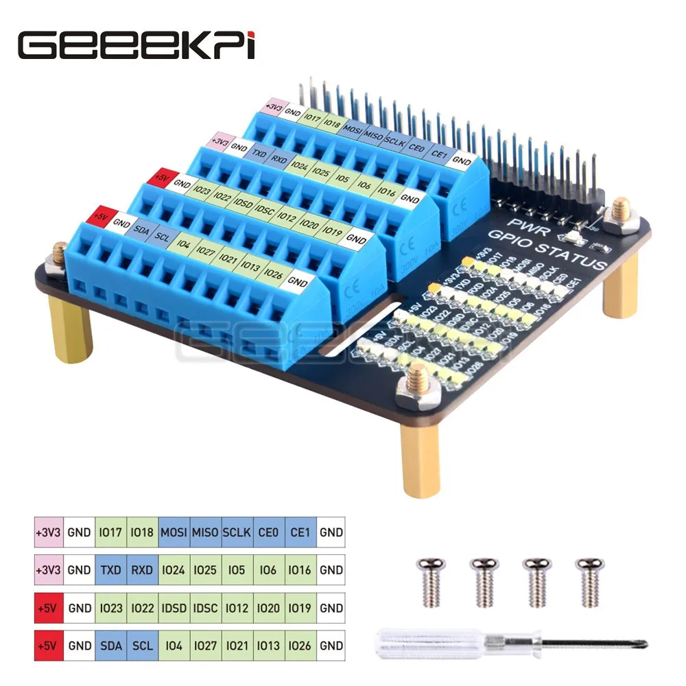 GeeekPi Raspberry Pi GPIO Screw Terminal Hat Expansion Board With Micro Led For Raspberry Pi 5/4B / 3B+ / 3B / Zero / Zero W