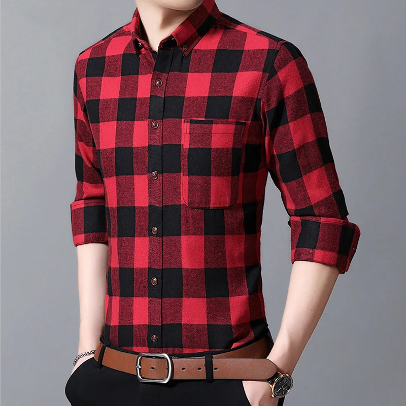 Homme New Autumn Winter Flannel Red Checkered Shirt Men Shirts Long Sleeve Chemise Homme Cotton Male Check Shirts Plaid Shirt