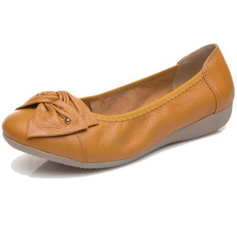 

Large Size Women Ballerina Shoes Flats Genuine Leather Casual Slip On Loafers Bow Lady Round Toe Moccasins Mother Single Shoes