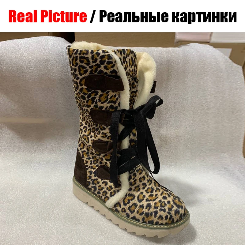 BONJOMARISA, большой размер 34-43, женские Модные леопардовые зимние сапоги до середины икры женские зимние теплые меховые сапоги на шнуровке женская обувь на платформе