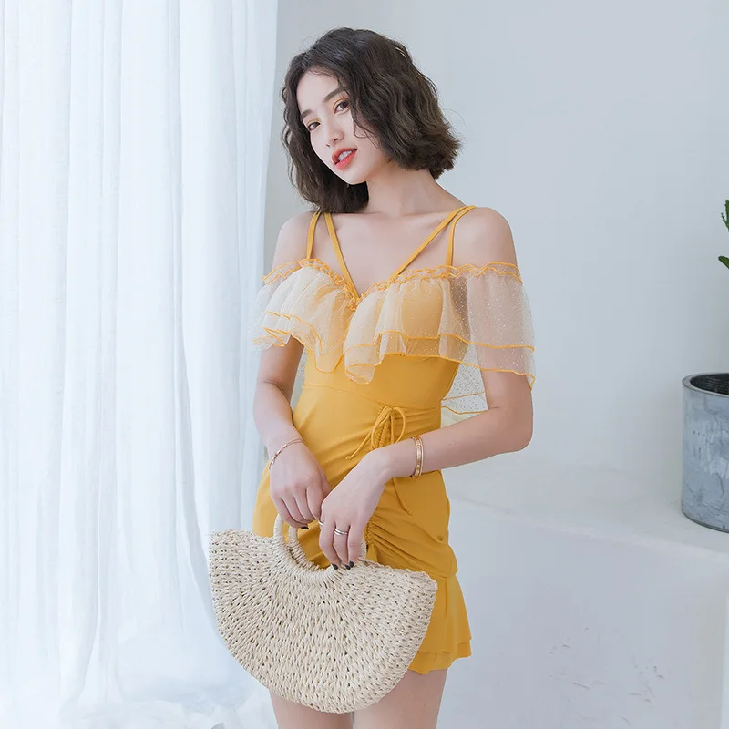 

One-piece Swimming Suit Women's-Style South Korea INS Wind Fairy Belly Covering Slimming Split Type Small Bust Gathering Hot Spr