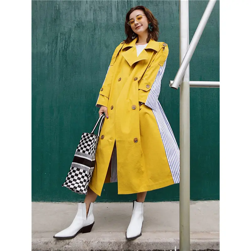 Новая Осенняя полосатая Женская ветровка пальто с отворотом длинный рукав