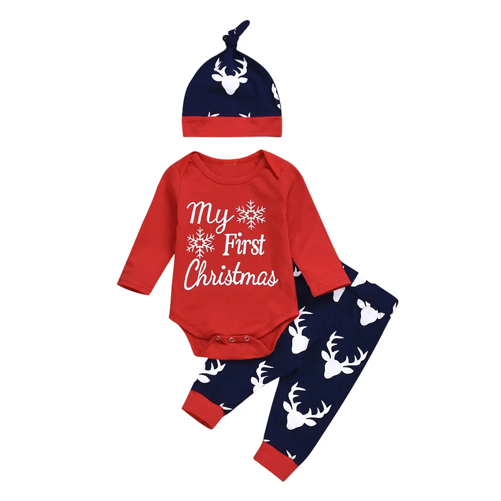 ARLONEET/Рождественский комплект из 3 предметов для маленьких мальчиков и девочек, комбинезон на год с надписью «Снежинка»+ штаны с оленями+ шапка, рождественские наряды, костюм Санты, CO08