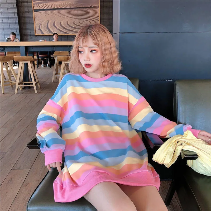 

Cute Autumn Hoodies Cotton Harajuku Rainbow Stripes Hoodies Women Sweet Macaron Hoodies Loose Round Neck Sweatshirt Female