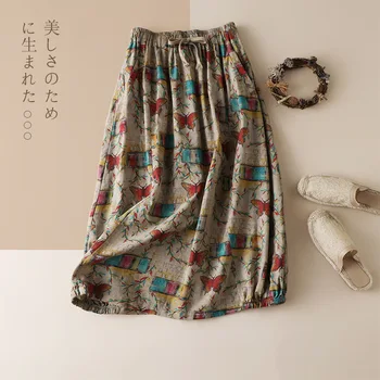 

5888 cotton and linen skirt women's medium and long elastic waist flower bud skirt leisure linen artistic temperament travel