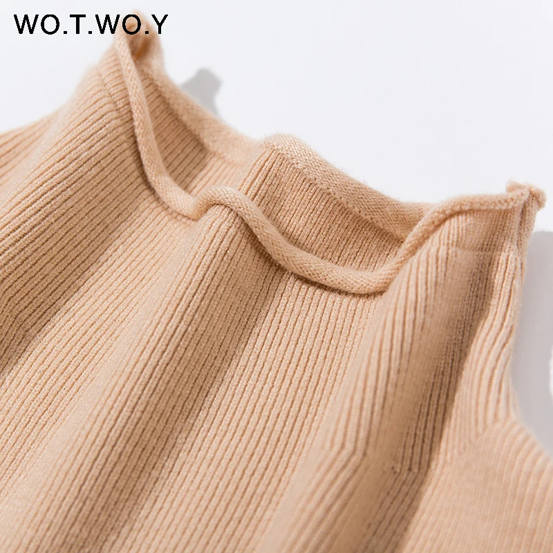 WOTWOY, Осень-зима, тонкие, с оборками, вязаные свитера для женщин,, повседневные, базовые, одноцветные, пуловеры для девушек, корейский стиль, розовые джемперы