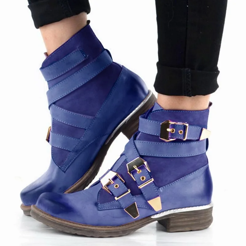 HEFLASHOR Fashion Women Boots Purple Short Ankle Boots Genuine Leather Blue Winter Strapped Buckle Short Boot Women Shoes