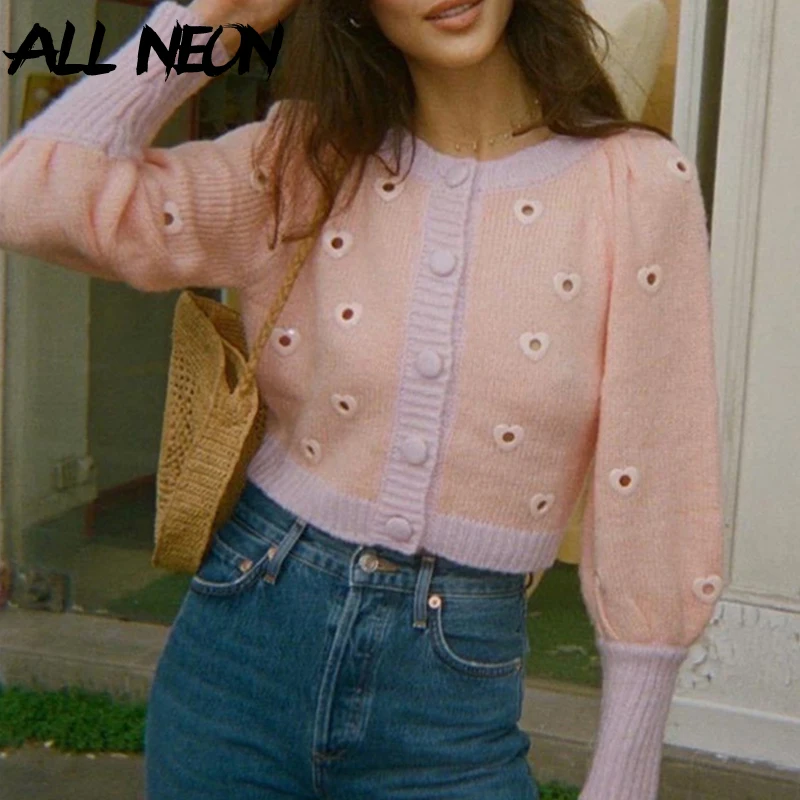 

ALLNeon E-girl Cute Heart Hollow Out Single-breasted Lantern Sleeve Cardigans Vintage Y2K Fashion Sweet Autumn Knitted Sweaters
