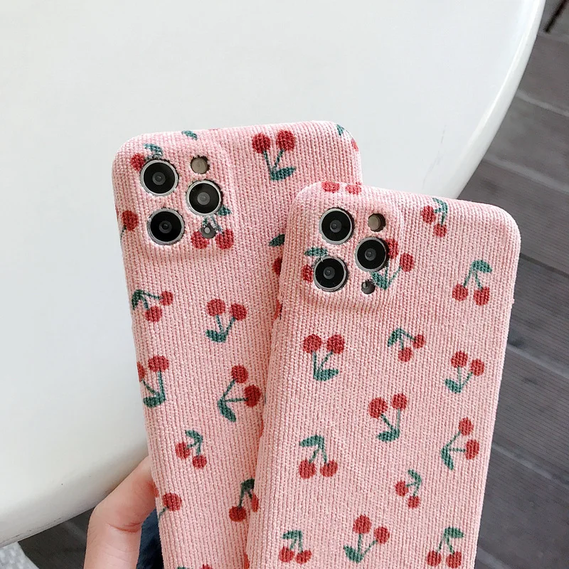 US $204.48 100Pcs Lens Protection Cloth Texture Phone Case For IPhone 12 Mini 11 Pro XR XS Max 7 8 Plus SE2 Pink Cherry Plush Soft PU Cover