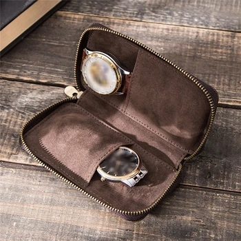 

Leather Storage Bag 2-Slot Watch Bag Carrying Pouch Zipper Wristwatch Box Organizer Watch Case
