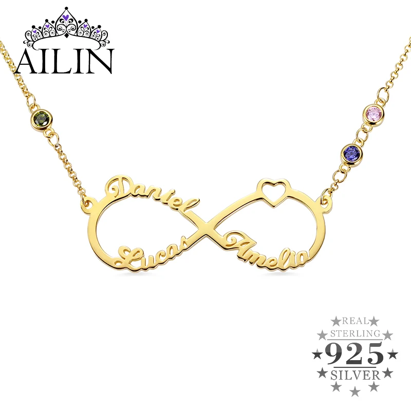 

AILIN Infinity Custom Necklace With 3 Name Birthstone Heart 925 Sterling Real Silver Women Christmas Jewelry Personalized Gifts