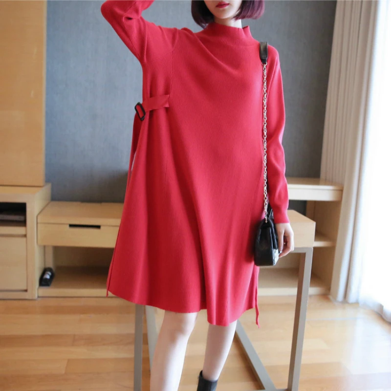 

Woman's Sheer Casual Long Sleeve Dress 2020 Autumn and Winter New Long Sleeve Black Red Bandage Knitted Sweater Dress for Women