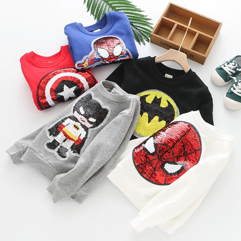 

2020 Kid Baby Boy Hoodies Cotton Sequin Cartoon Sweater Plus Velvet Autumn Winter Batman Children Toddler Top Thicken Sweatshirt