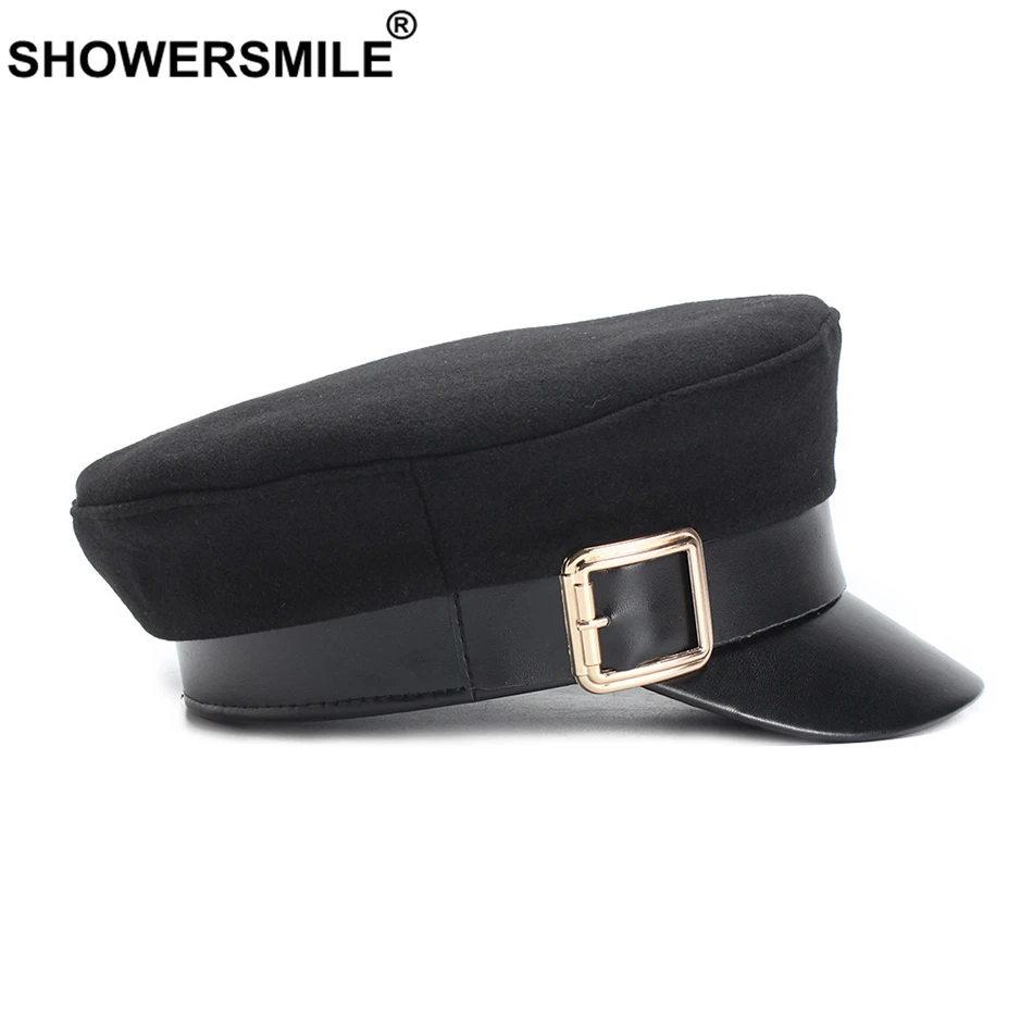 

SHOWERSMILE Women Military Hat Woolen Autumn Female Flat Hat Army Buckle French Leather Brim Ladies Black Captain Sailor Hat