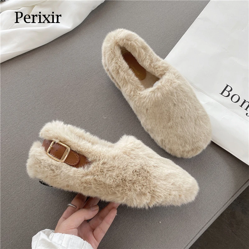 

Perixir 2021 Spring And Autumn Women's Shoes One Pedal Lamb Fur Shoes Women Peas Shoes Plus Cashmere New