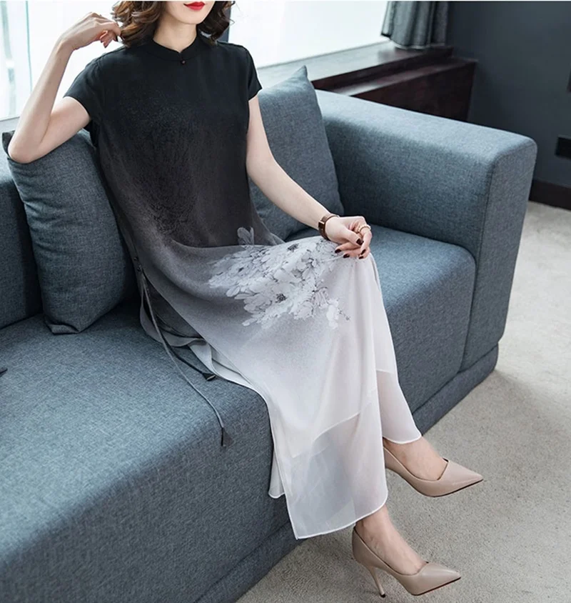 Summer Casual Dresses For Women Chiffon Robe Vintage Femme Mandarin Collar Short Sleeve Long Dress Elegant Vestdio OS033