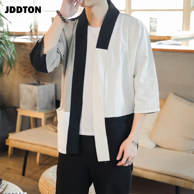 JDDTON весеннее мужское льняное кимоно модный Свободный длинный кардиган винтажная