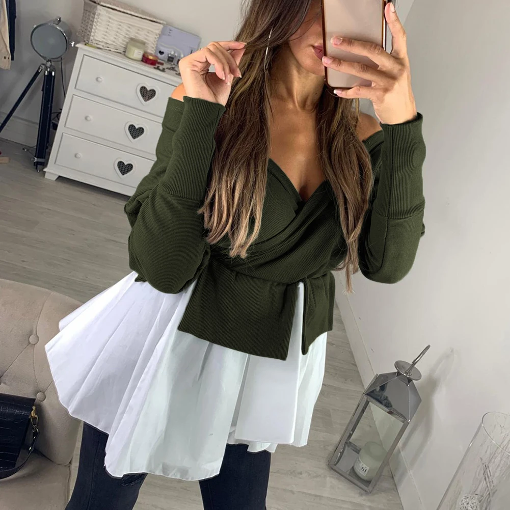 Sexy Women Long Sleeve V Neck Off Shoulder Wrap Front Cross Stitching T-shirt