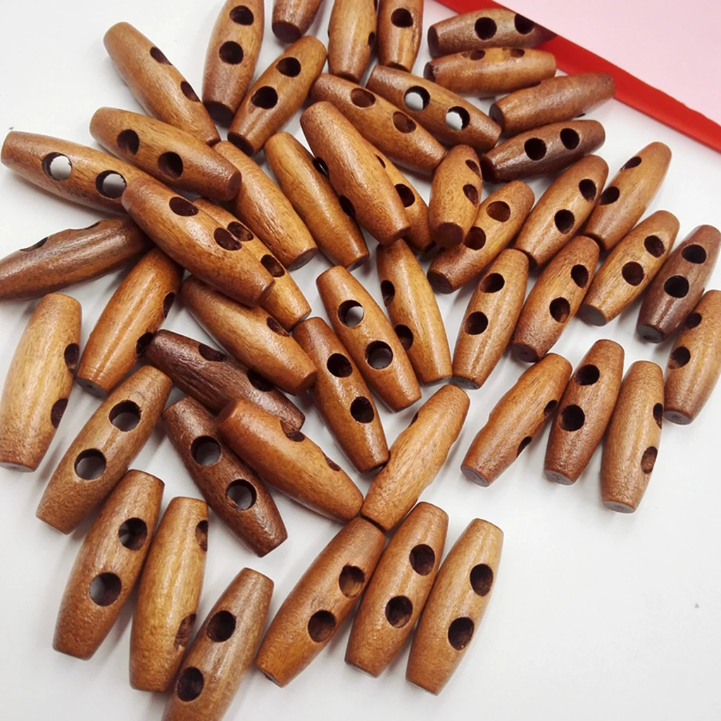 50Pcs Natural Oval Shape 2 Holes Scrapbooking Sewing Toggle Wood Buttons 30 x 10mm