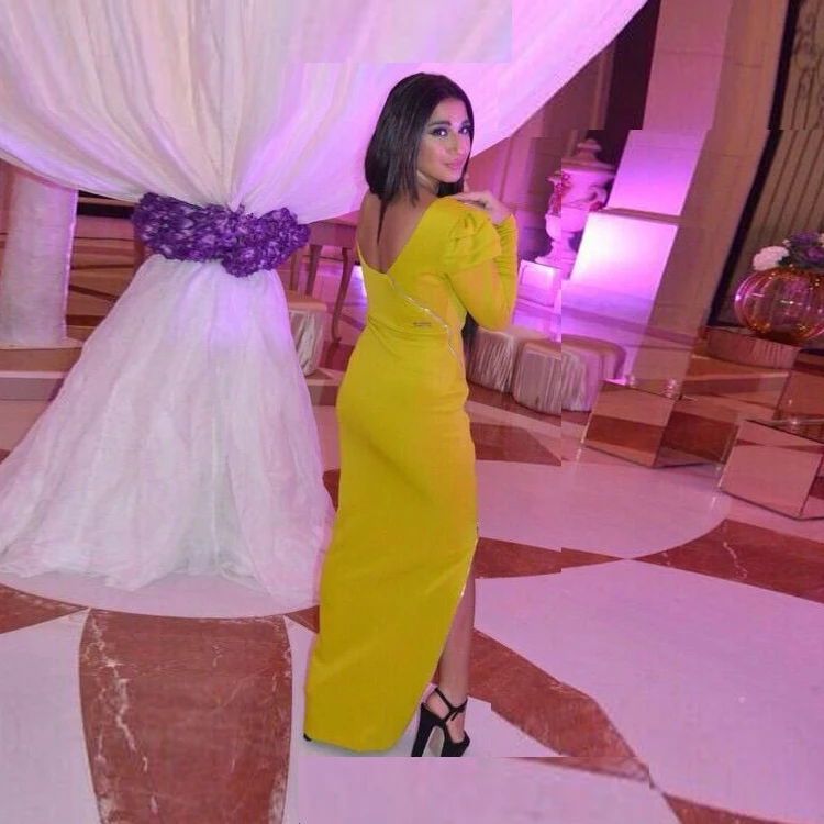

Elegant Long Full Sleeves O Neck Vestido De Festa Sheath Satin Evening gown Side Slit Floor Length mother of the bride dresses