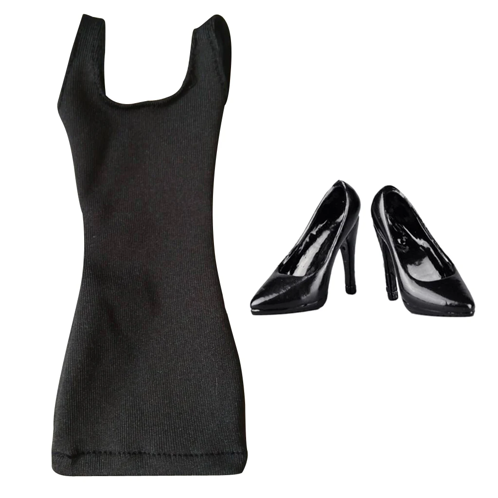 1/6 Scale Clothes Black Vest Dress + High Heel for 12" Female Action Figure