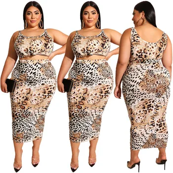 

Casual Style Summer Women Two Piece Outfits Leopard Pattern Sleeveless Vest Short Top Bag Hips Skirt Mid-calf Length Plus Size