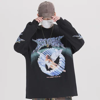 2020 Men Hip Hop T Shirt Streetwear Retro Angel Print Harajuku Tshirt Loose HipHop T-shirt Oversize Cotton Tops Tees Long Sleeve 4