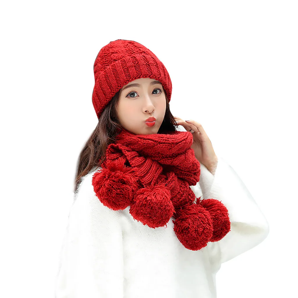 Adult Women Men Winter warm Knit Hat Solid Color Scarf Hairball beanie with pompom Casual Solid winter hats for women