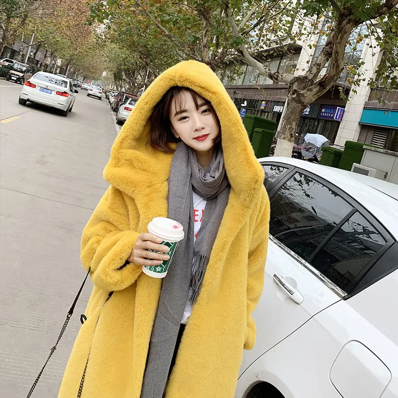 UPPIN популярное осенне-зимнее пальто из искусственного меха для женщин с капюшоном, утепленное длинное пальто из искусственного меха, Женское пальто, одежда размера плюс - Цвет: Цвет: желтый