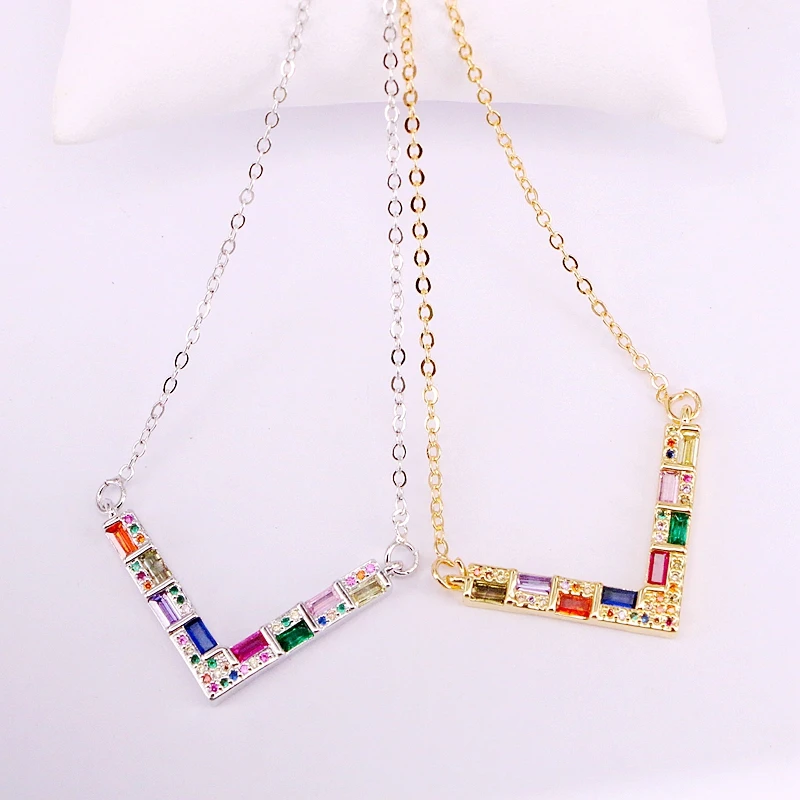 

6PCS, Gold/ Silver color CZ Micro Pave Rainbow Zirconia Fashion V / Geometric Pendant Necklaces