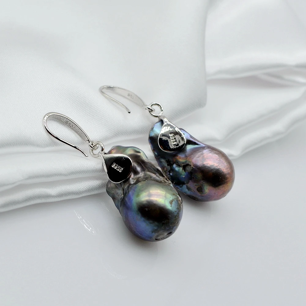 Large Black Pearl Earrings Natural Pearl Fire Ball Silver Earrings Drop Baroque Pearl Drop Earrings Women's Earrings