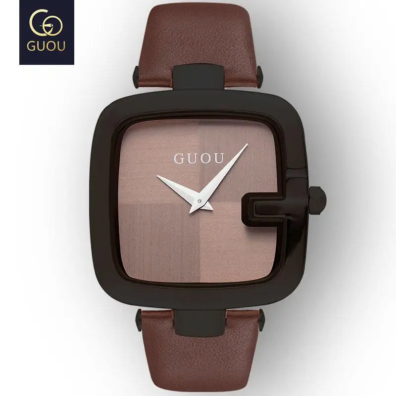 GUOU Лидирующий бренд Для женщин часы квадратной формы модные женские часы Роскошные женские наручные для Для женщин натуральная кожа часы с ремешками Saati - Цвет: Coffee Black Coffee