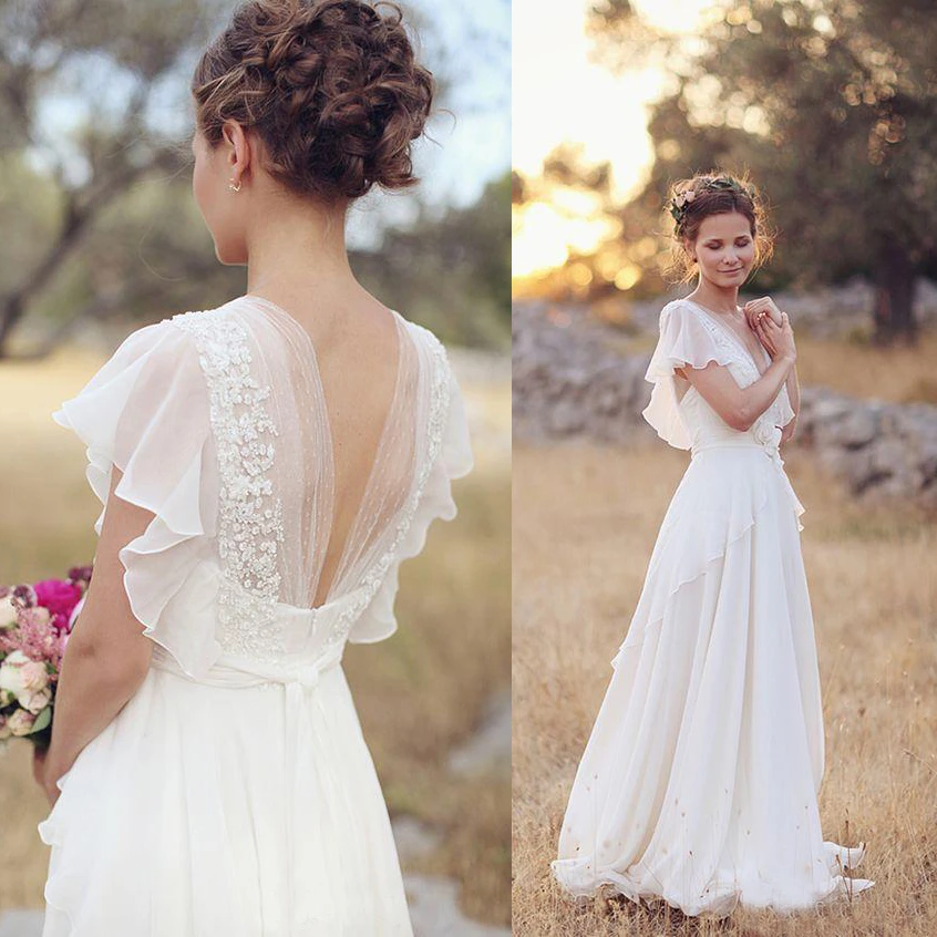 bohemian v neck wedding dress