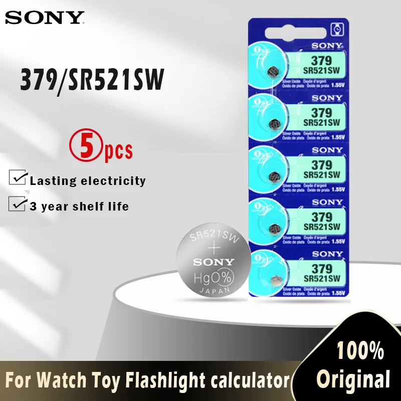 SONY-pilas de botón de óxido de plata, pila de moneda para reloj de juguete, 100% Original, 379, SR521SW, AG0, D379, SR63, V379, 1,55 V, 5 uds.