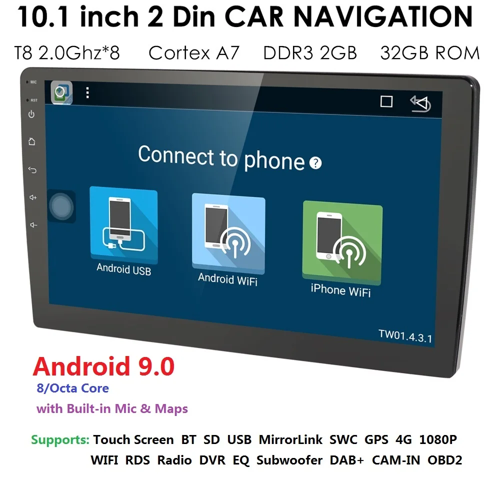2DIN 10.1 Inch Android 9.0 Universal Radio Player GPS Navigation 2G RAM 32G ROM 4G WIFI Steering wh