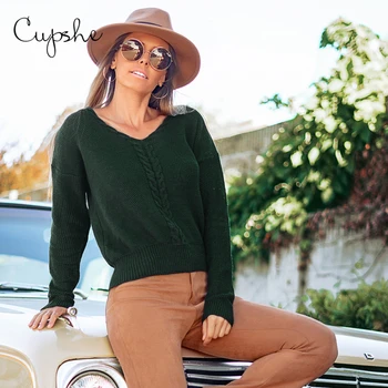 

CUPSHE Forest Green V-Neck Sweater Women Casual Strappy Back Long Sleeve Jumpers Tops 2020 Autumn Winter Female Pullovers