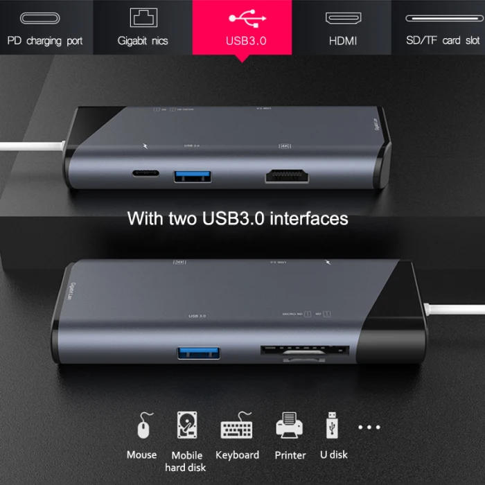Многопортовое «7-в-1 концентратор Тип с разъемами типа C и USB3.0 4K HDMI устройство для чтения карт SD TF Ethernet-адаптер док-станция VDX99