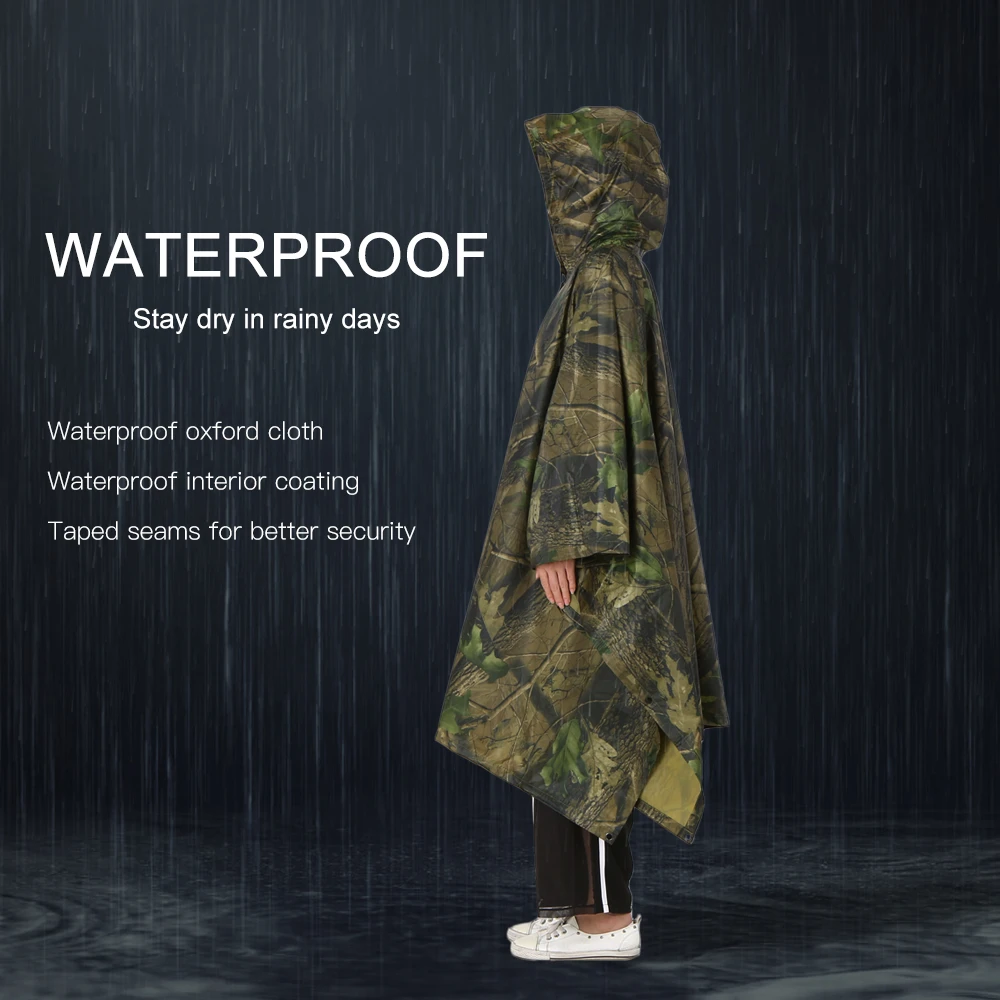 3-in-1 Waterproof Hooded Raincoat Hiking Cycling Rain Poncho Cape Coat Sun Shelter Outdoor Camping Tent Ground Sheet Mat