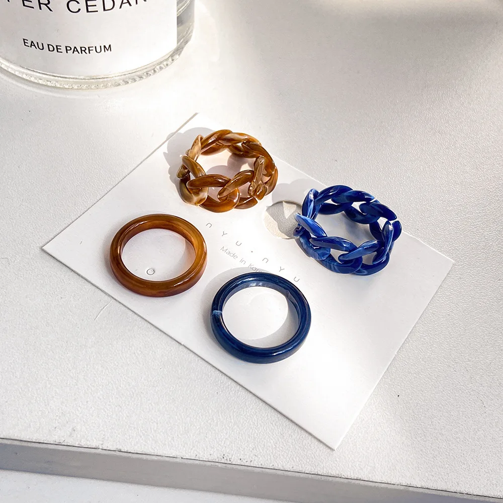 New Colorful Transparent Resin Acrylic Crystal Rhinestone Simple Geometric Square Round Rings Set for Women Fashion Jewelry