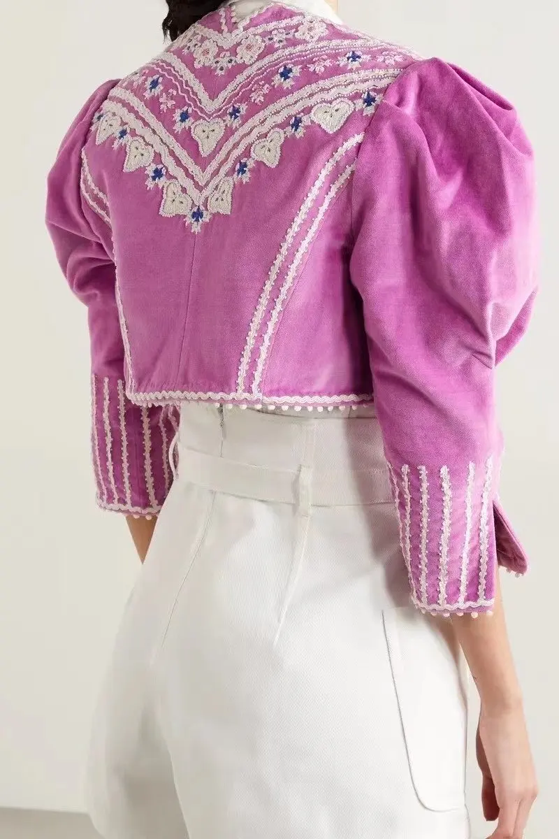 2022 Woman Fuschia Velvet Short Jacket Floral Embroidered Beaded Appliques Puff Shoulder Long