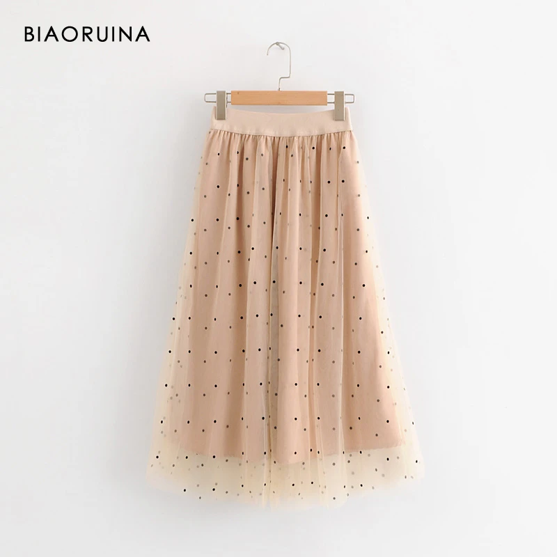 

BIAORUINA Women's Polka Dot Printing Mesh Patchwork Lining A-line Skirt High Waist Elastic Ladies Elegant Lace Skirt 2019 Autumn