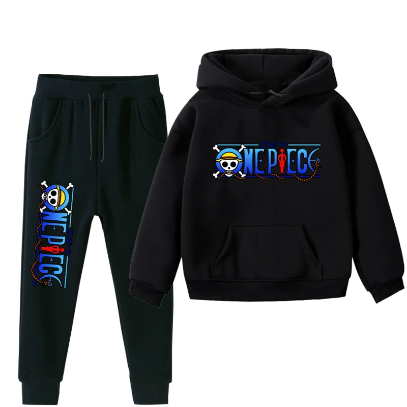 Boys Girls 2Pcs Clothes ONE PIECE Luffy Kids Hoodies And Pant Children Plus Velvet Clothes Set Winter Black Sportsuit For 2-14Y - Цвет: 007