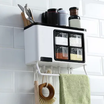 

Wall-mounted Kitchen Shelf Plastic Multifunctional Multiple Compartments Racks Seasoning Box Large Capacity Kitchen Storage Box