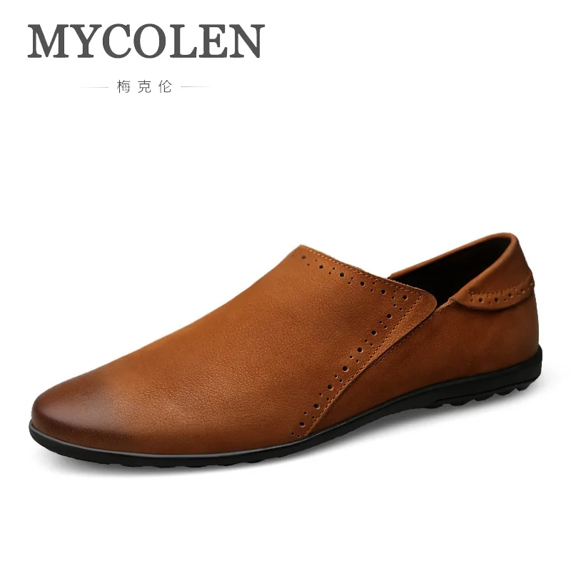 

MYCOLEN Spring Autumn Slip-On Leather Shoes Men Breather Man Loafers Soft Bullock Carving Moccasins New Gents Retro Mens Shoes