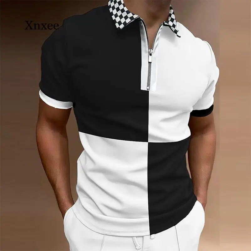 

Summer Men's Fashion Patchwork Striped Short Sleeve Top Casual Zipper Lapel Polo Shirt Retro Casual Slim Polo Shirt