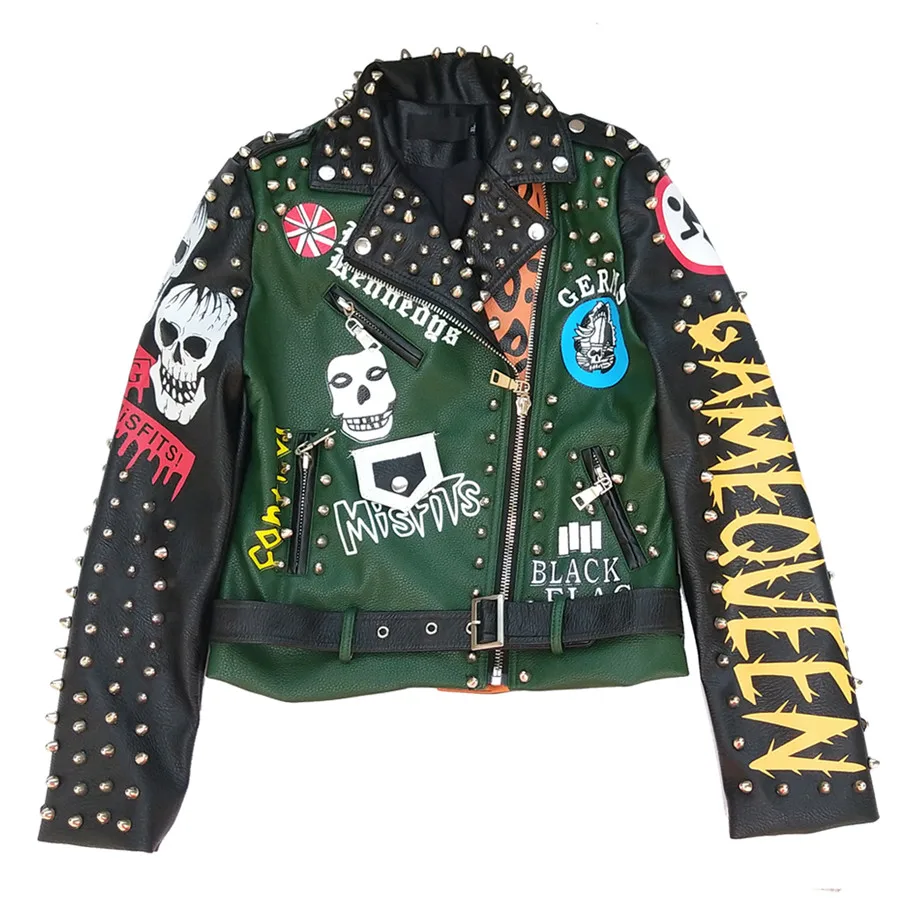 Осень весна граффити шпильки Женская куртка из искусственной кожи в стиле панк байкерские мотоциклетные куртки и пальто уличная одежда