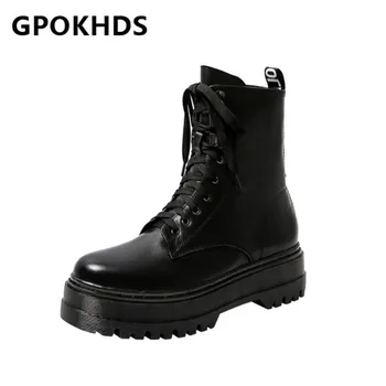 

GPOKHDS 2021 women Ankle boots Cow leather Winter short plush Round Toe Zipper Platform High heels female Riding boots size 42