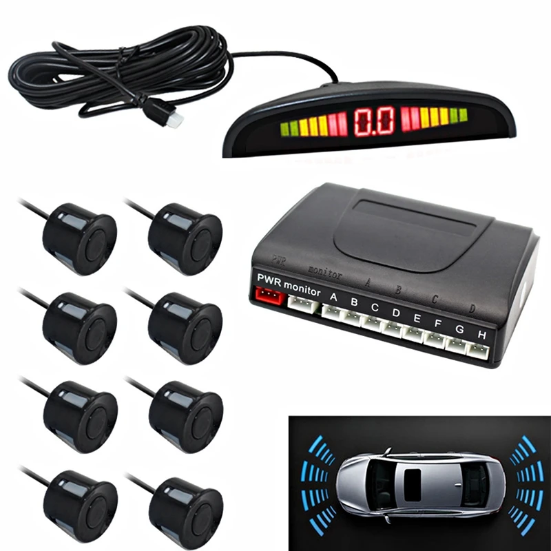 Car LED Parking Sensor Kit, Front and Rear Reverse LED Display Kit with 8 Sensors Buzzer-Radar System Kit Sound Alarm